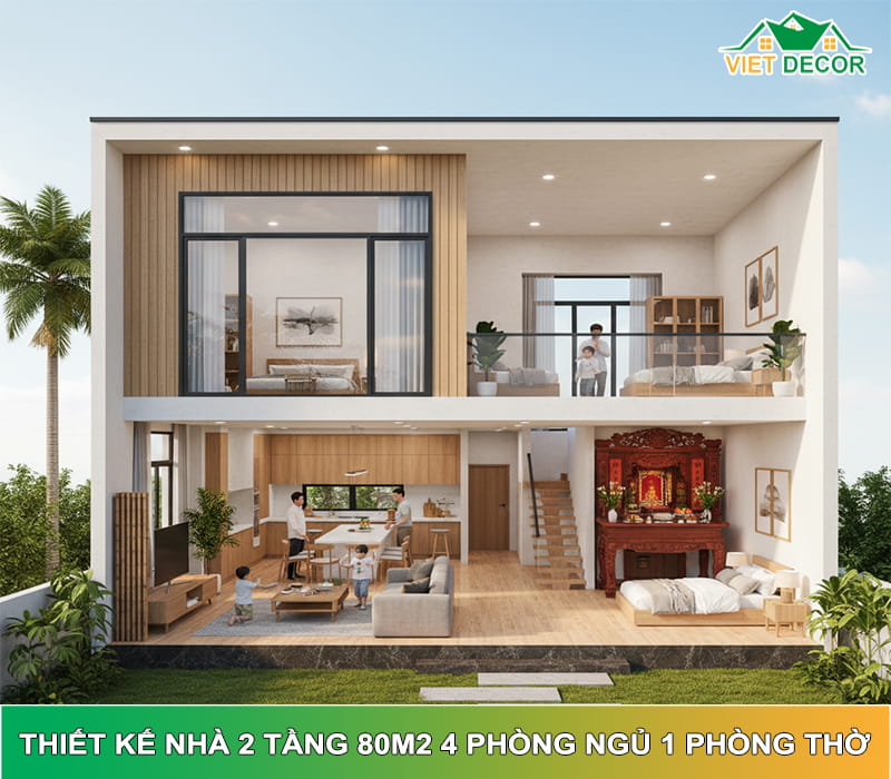 Mẫu nhà 2 tầng 80m2 4 phòng ngủ 1 phòng thờ đẹp & tối ưu không gian 2026