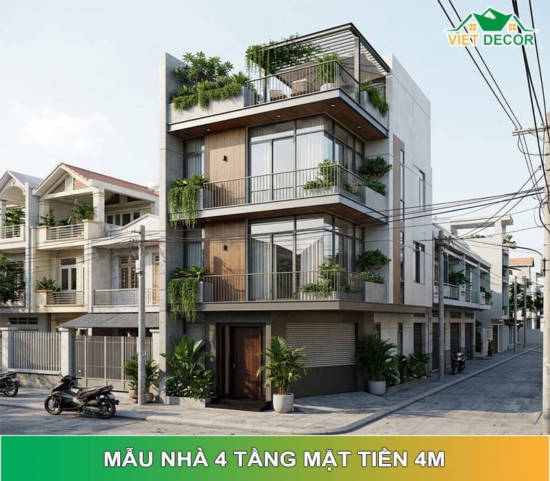 Thiết kế nhà 4 tầng mặt tiền 4m đẹp, tối ưu không gian & chi phí