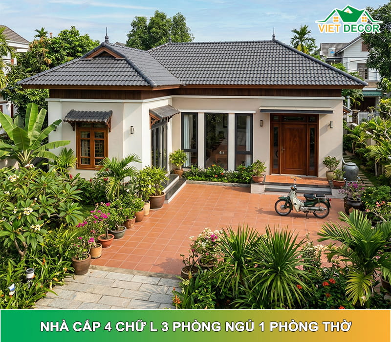 15+ Mẫu nhà cấp 4 chữ L 3 phòng ngủ 1 phòng thờ đẹp 2026