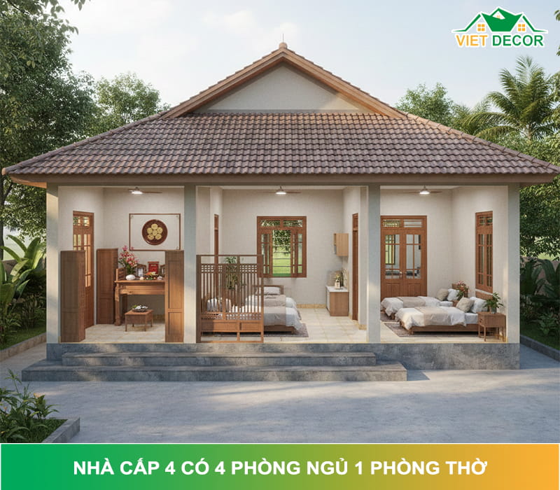 10+ Mẫu nhà cấp 4 4 phòng ngủ 1 phòng thờ đẹp, chuẩn phong thủy & tiết kiệm chi phí