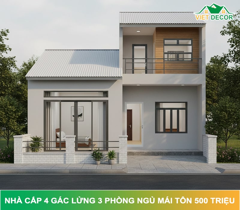 10+ Mẫu nhà cấp 4 gác lửng 3 phòng ngủ mái tôn 500 triệu Đẹp Nhất 2026