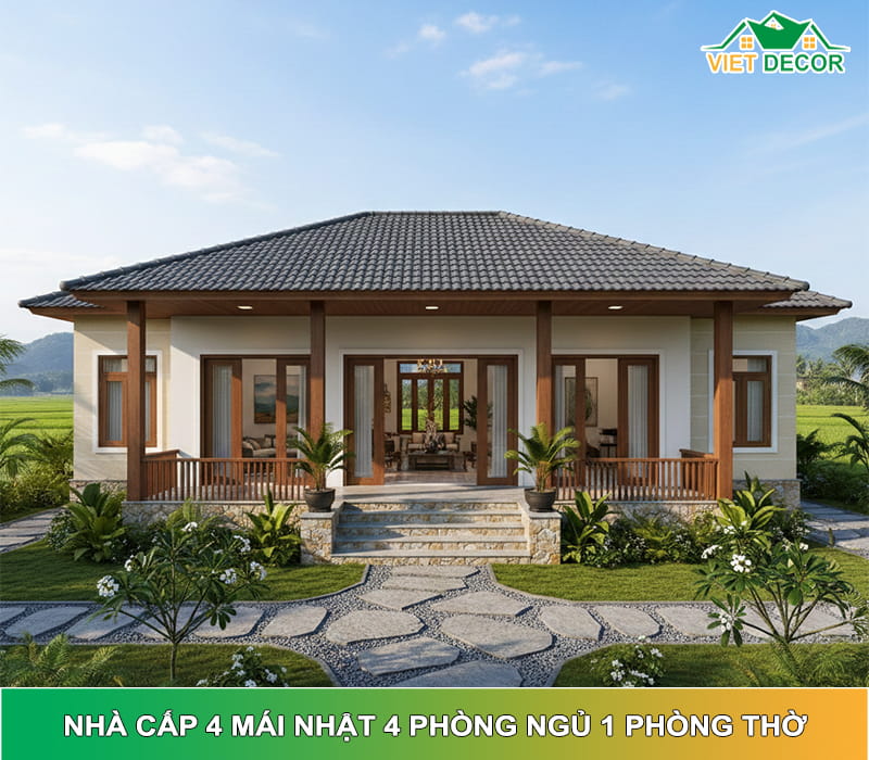 15+ Mẫu nhà cấp 4 mái Nhật 4 phòng ngủ 1 phòng thờ ĐẸP 2026