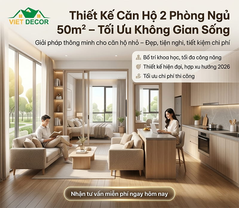 Thiết kế căn hộ 2 phòng ngủ 50m2 Tiện nghi & Giải pháp cho không gian nhỏ