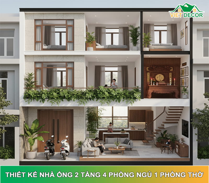 Thiết kế nhà ống 2 tầng 4 phòng ngủ 1 phòng thờ: Bố trí đẹp & chi phí chi tiết