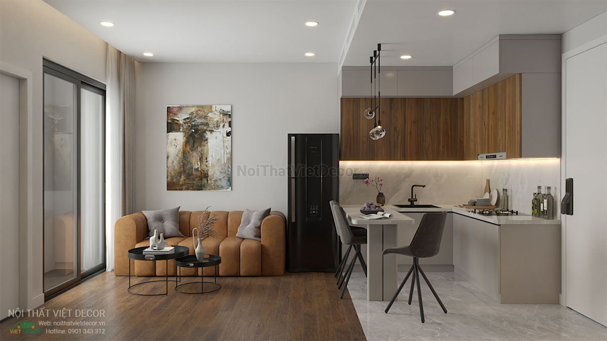 Nội thất Việt Decor thiết kế thi công nội thất chung cư 1 phòng ngủ + 45m2 tại Bình Dương phòng khách bếp