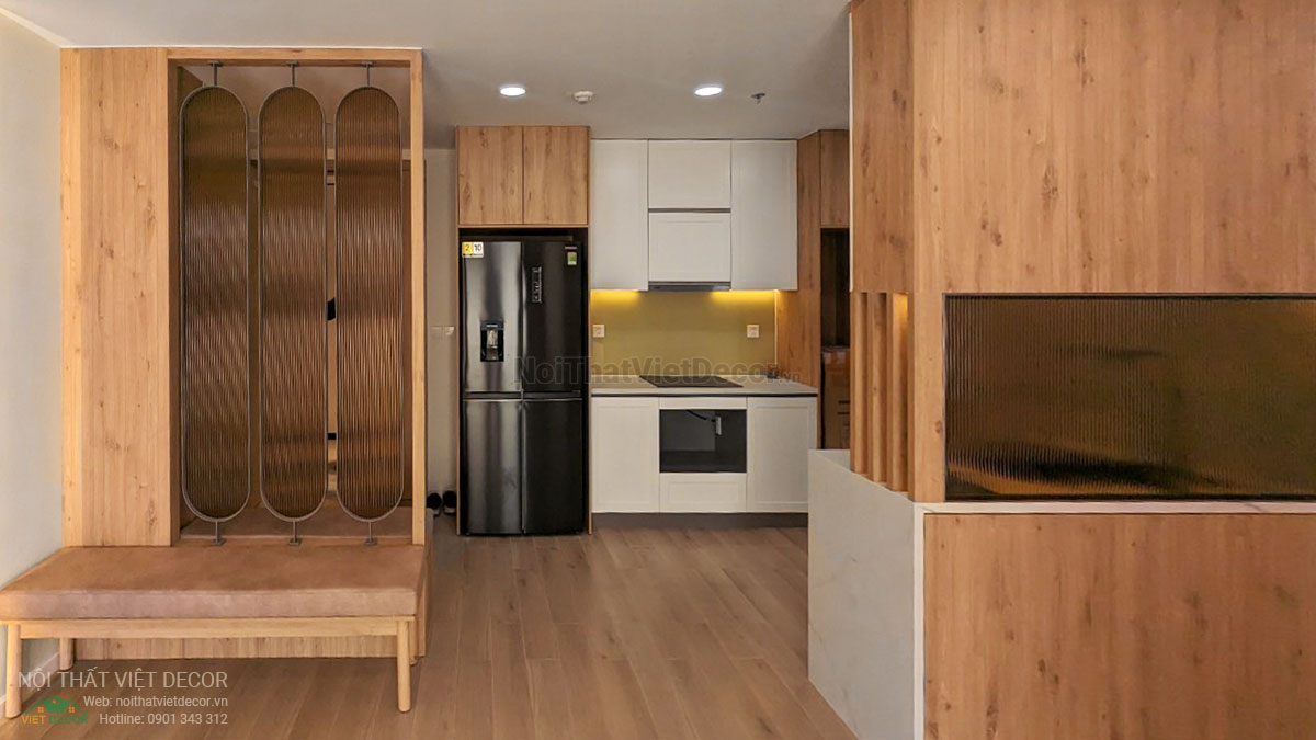 Nội Thất Việt Decor thiết kế thi công nội thất căn hộ 2 phòng ngủ chung cư Quận 9 Hồ Chí Minh, tủ bếp tủ giày phòng khách bếp