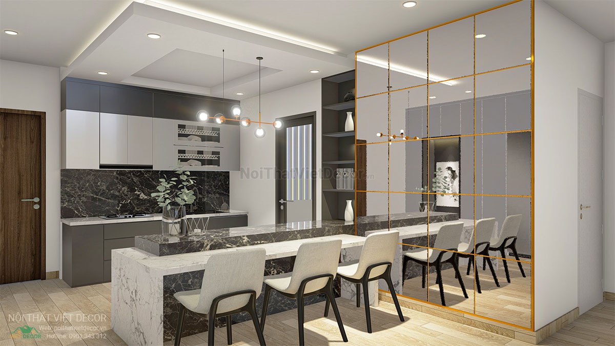 Nội thất Việt Decor mẫu phương án thiết kế phối cảnh 3D nội thất hiện đại căn hộ 3 phòng ngủ tủ bếp, bàn đảo