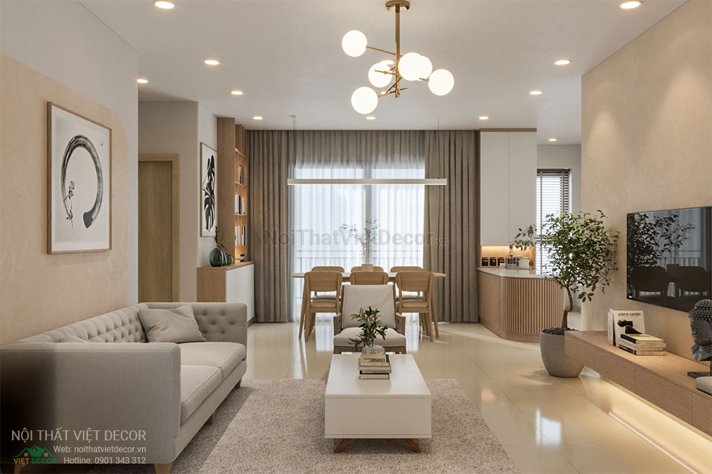 Nội thất Việt Decor thiết kế thi công nội thất căn hộ 3 phòng ngủ tại quận 12, thành phố Hồ Chí Minh, phòng khách bếp