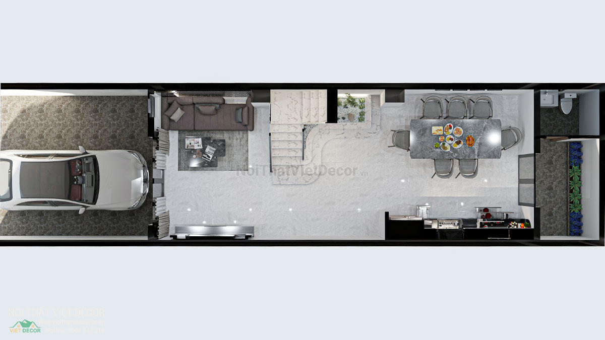 Nội thất Việt Decor thiết kế thi công nội thất nhà ở gia đình 3 tầng thuộc dự án Lavilla Tân An, Long An, mặt bằng tầng 1
