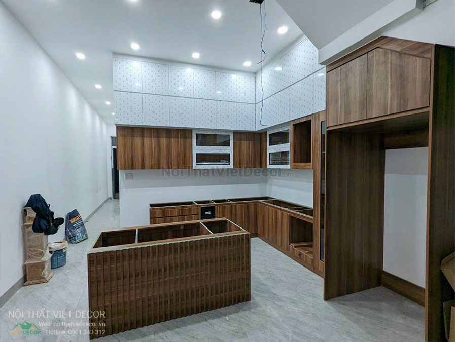 Nội thất Việt Decor Tủ bếp hiện đại chữ L, gỗ công nghiệp MDF chống ẩm phủ melamine An Cường