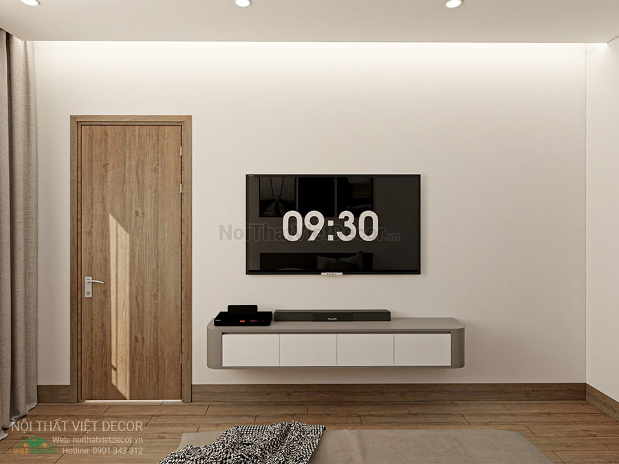 Nội thất Việt Decor thiết kế thi công nội thất nhà liên kế 3 tầng thuộc dự án Lavilla Tân An, Long An, phòng ngủ 1 kệ tivi