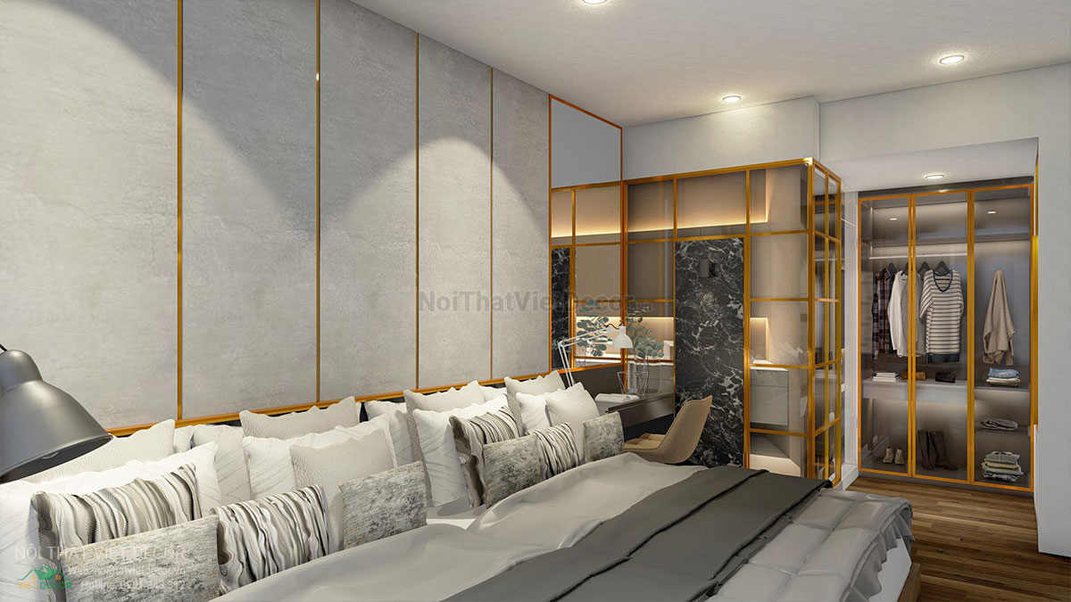 Nội thất Việt Decor mẫu phương án thiết kế phối cảnh 3D nội thất hiện đại căn hộ 3 phòng ngủ phòng ngủ lớn bàn làm việc