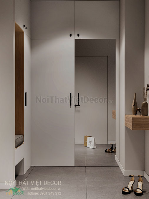 Nội thất Việt Decor mẫu phương án thiết kế phối cảnh 3D nội thất đẹp hiện đại căn hộ 1 phòng ngủ, phòng tủ giày