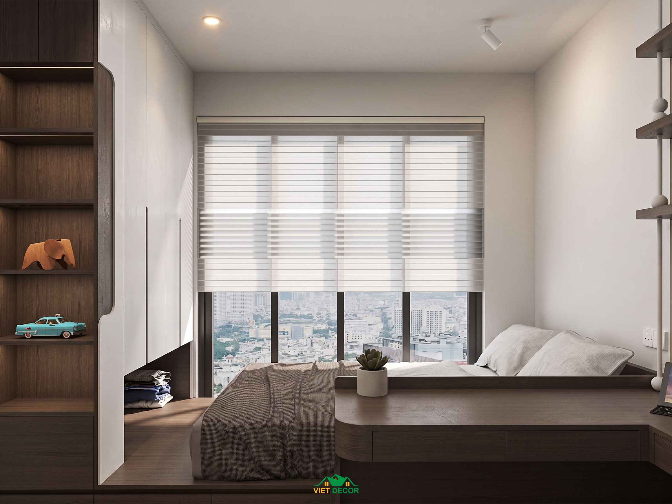 Nội Thất Việt Decor thiết kế thi công nội thất căn hộ 3 phòng ngủ The Opus One Vinhomes Grand Park TP HCM, tủ liền giường phòng ngủ nhỏ