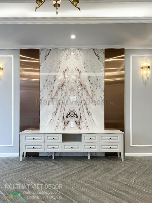 Nội Thất Việt Decor thiết kế thi công nội thất, tủ bếp gỗ công nghiệp An Cường, shophouse dự án Aminia Ninh Kiều Cần Thơ, phòng khách kệ tivi