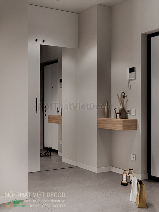 Nội thất Việt Decor mẫu phương án thiết kế phối cảnh 3D nội thất đẹp hiện đại căn hộ 1 phòng ngủ, phòng tủ giày