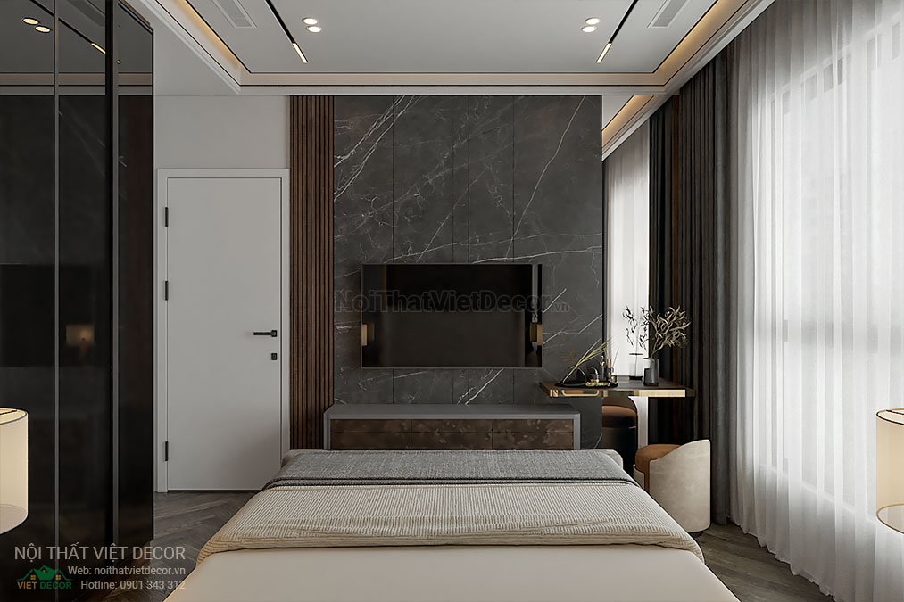 Nội thất Việt Decor thiết kế thi công nội thất căn hộ 3 phòng ngủ 89.39 m2 tại tp hồ chí minh phòng ngủ gia chủ kệ tivi