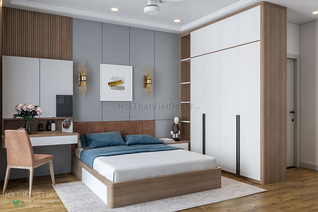 Nội thất Việt Decor thiết kế thi công nội thất nhà phố 3 phòng ngủ tại huyện Nhà Bè, thành phố Hồ Chí Minh, tủ quần áo phòng ngủ 1