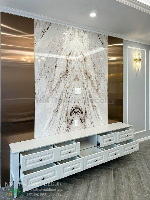 Nội Thất Việt Decor thiết kế thi công nội thất, tủ bếp gỗ công nghiệp An Cường, shophouse dự án Aminia Ninh Kiều Cần Thơ, phòng khách kệ ti vi
