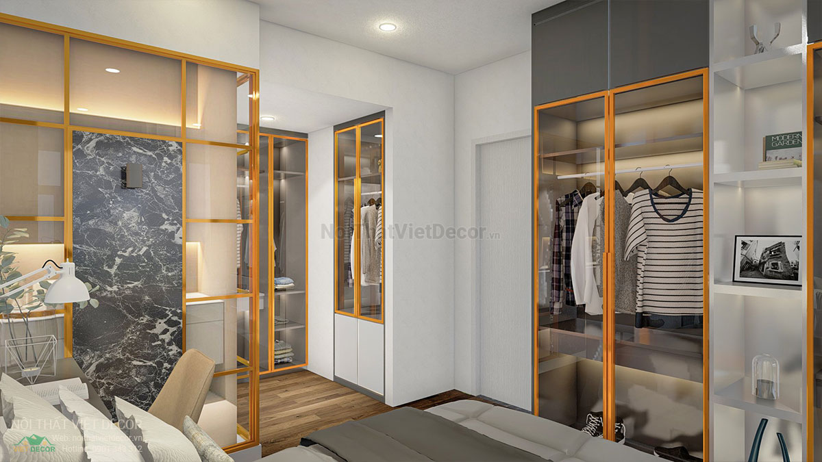Nội thất Việt Decor mẫu phương án thiết kế phối cảnh 3D nội thất hiện đại căn hộ 3 phòng ngủ, phòng ngủ lớn, tủ quần áo nhôm kính