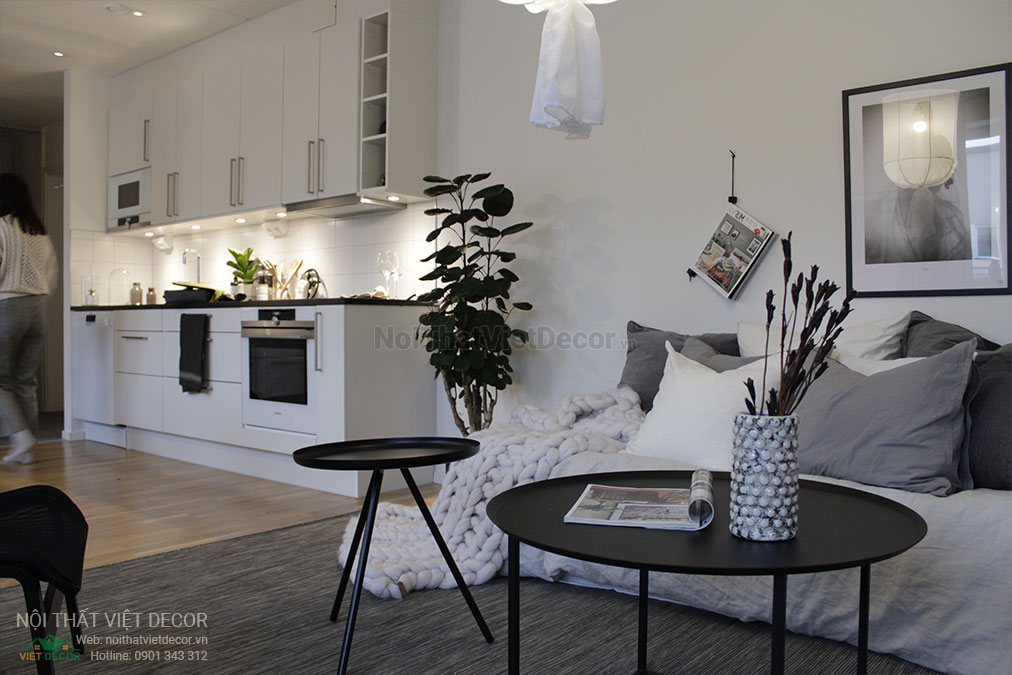 Nội thất Việt Decor thiết kế nội thất tối giản tone màu đen trắng phòng khách bếp