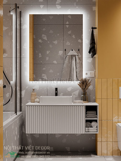 Nội thất Việt Decor mẫu phương án thiết kế phối cảnh 3D nội thất đẹp hiện đại căn hộ 1 phòng ngủ, tủ lavabo nhà vệ sinh