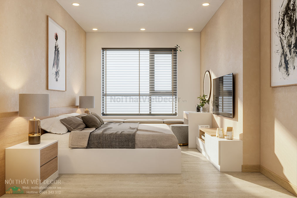 Nội thất Việt Decor thiết kế thi công nội thất căn hộ 3 phòng ngủ tại quận 12, thành phố Hồ Chí Minh, giường ngủ kệ ti vi phòng ngủ 1