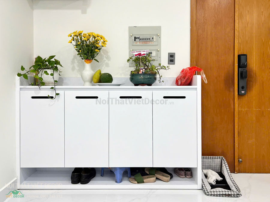 Nội Thất Việt Decor thiết kế thi công cải tạo nội thất, hoàn thiện căn hộ 3 phòng ngủ chung cư Tecco phường Linh Đồng thành phố Thủ Đức phòng khách tủ giày