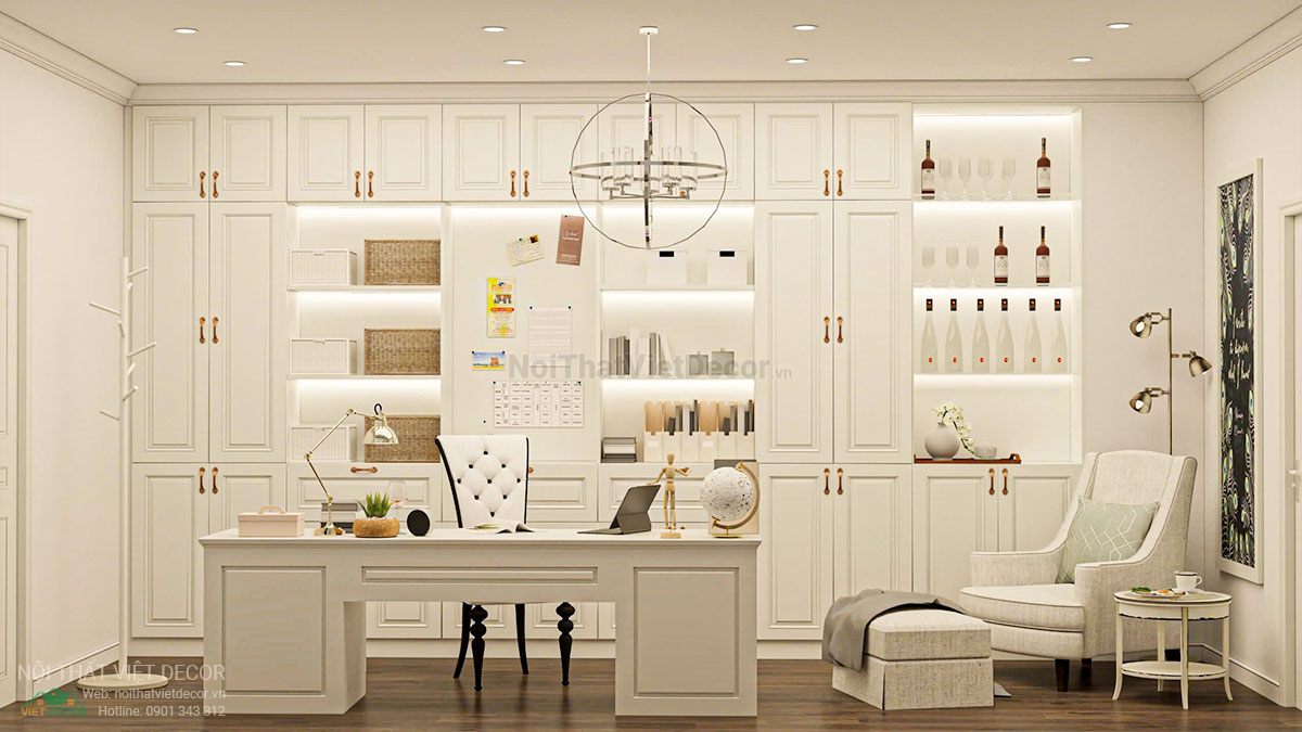 Nội thất Việt Decor thiết kế thi công nội thất tân cổ điển sang trọng luxury, nhà liên kế 3 tầng thuộc dự án Lavilla Green City Tân An, Long An, phòng làm việc