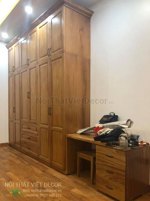 Nội Thất Việt Decor thiết kế thi công nội thất, tủ bếp gỗ sồi tự nhiên nhà ở gia đình chị Trang tại Bình Dương, tủ quần áo bàn làm việc phòng ngủ