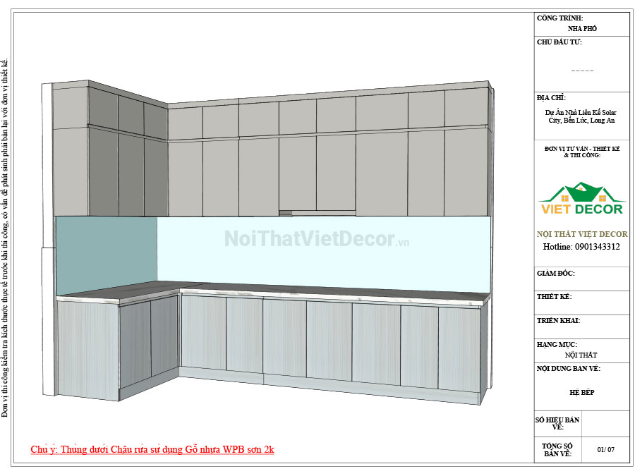 Nội thất Việt Decor thiết kế thi công tủ bếp hiện đại chữ L, gỗ công nghiệp MDF chống ẩm phủ melamine Ba Thanh cho nhà liên kế dự án Solar City Bến Lức Long An
