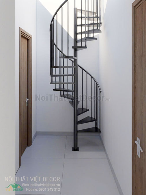 Nội thất Việt Decor thiết kế thi công nội thất nhà liên kế 3 tầng thuộc dự án Lavilla Tân An, Long An, thang xoắn lên mái