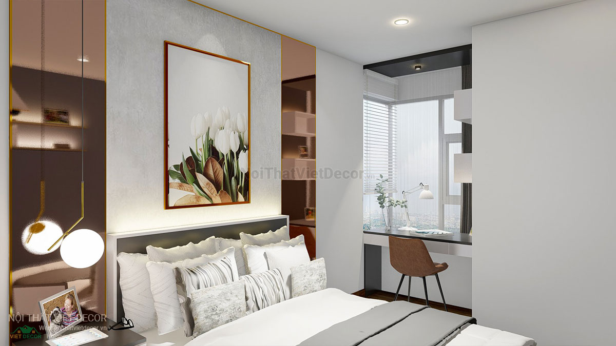 Nội thất Việt Decor mẫu phương án thiết kế phối cảnh 3D nội thất hiện đại căn hộ 3 phòng ngủ, phòng ngủ nhỏ 1, bàn làm việc
