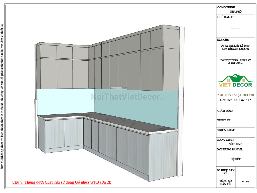 Nội thất Việt Decor thiết kế thi công tủ bếp hiện đại chữ L, gỗ công nghiệp MDF chống ẩm phủ melamine Ba Thanh cho nhà liên kế dự án Solar City Bến Lức Long An