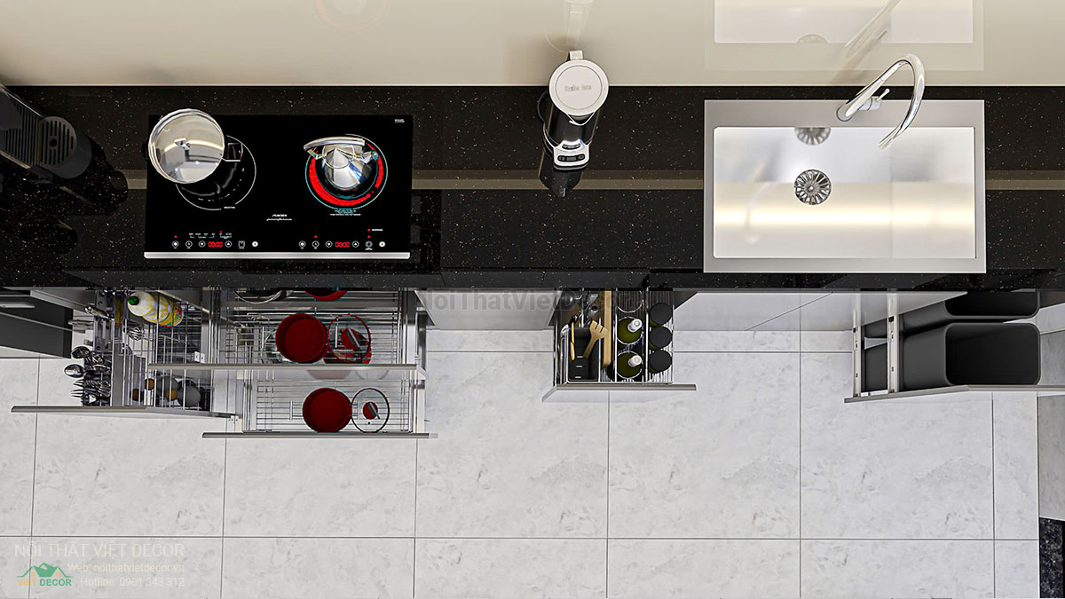 Nội thất Việt Decor thiết kế thi công nội thất nhà liên kế 3 tầng thuộc dự án Lavilla Tân An, Long An, tủ bếp bố trí phụ kiện lưu trữ