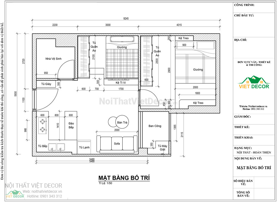 Nội thất Việt Decor thiết kế thi công nội thất chung cư 1 phòng ngủ + 45m2 tại Bình Dương mặt bằng bố trí