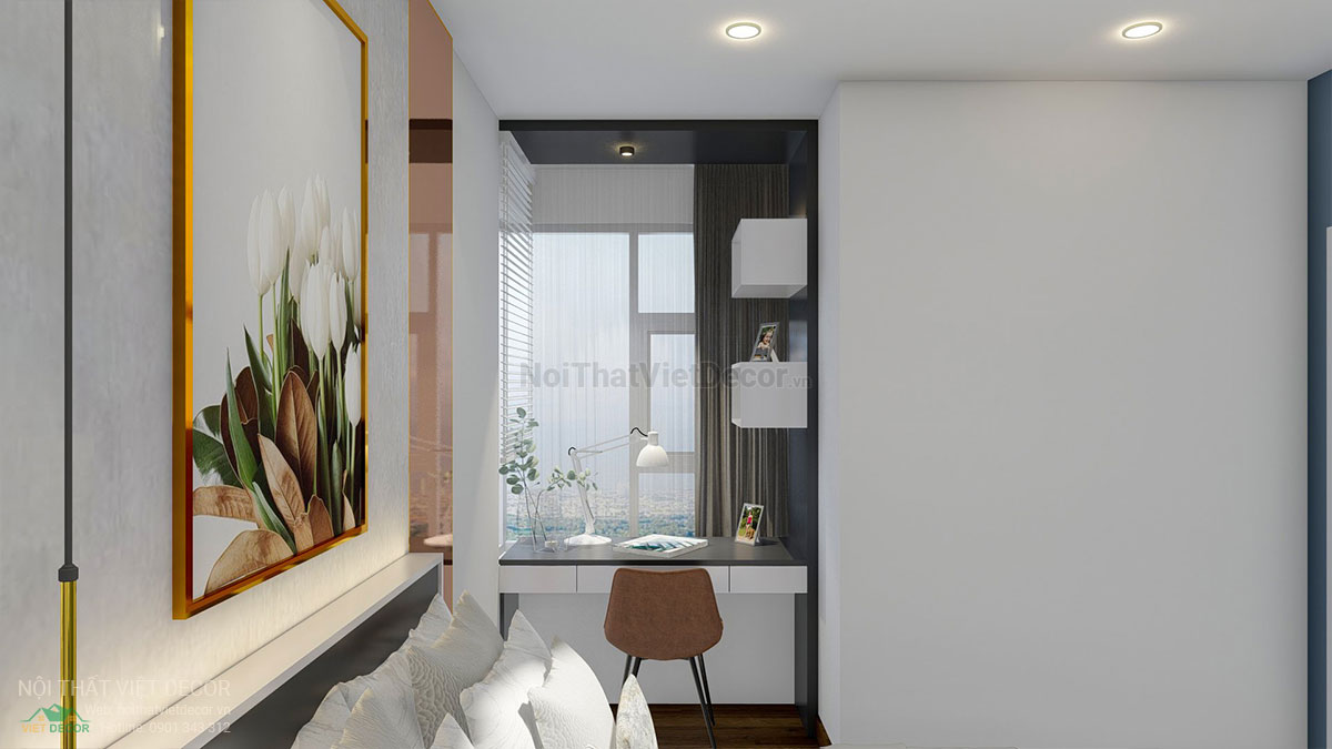 Nội thất Việt Decor mẫu phương án thiết kế phối cảnh 3D nội thất hiện đại căn hộ 3 phòng ngủ, phòng ngủ nhỏ, bàn làm việc