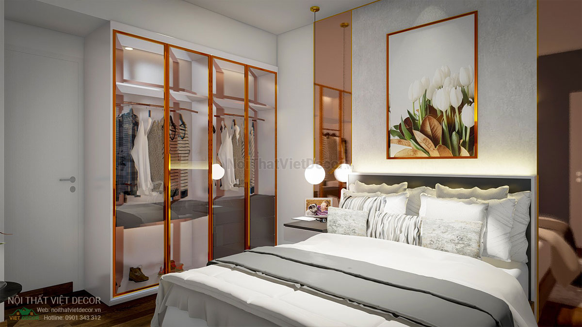 Nội thất Việt Decor mẫu phương án thiết kế phối cảnh 3D nội thất hiện đại căn hộ 3 phòng ngủ, phòng ngủ nhỏ, tủ quần áo nhôm kính