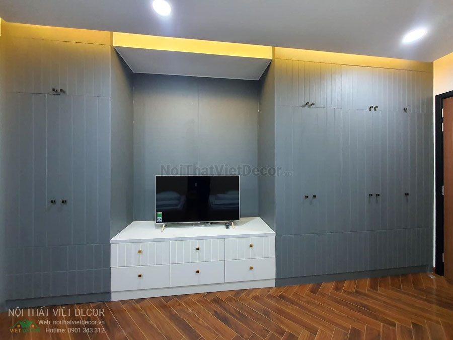 Nội Thất Việt Decor thiết kế thi công trang trí nội thất, tủ bếp gỗ công nghiệp An Cường, nhà phố 3 phòng ngủ tại quận 3 thành phố Hồ Chí Minh, kệ ti vi phòng ngủ 3