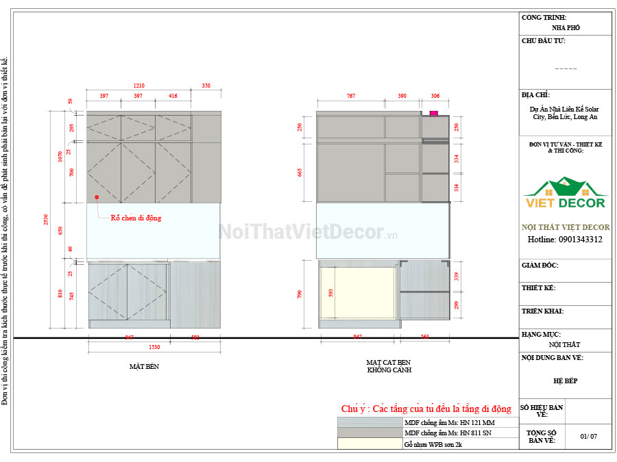 Nội thất Việt Decor thiết kế thi công tủ bếp hiện đại chữ L, gỗ công nghiệp MDF chống ẩm phủ melamine Ba Thanh cho nhà liên kế dự án Solar City Bến Lức Long An
