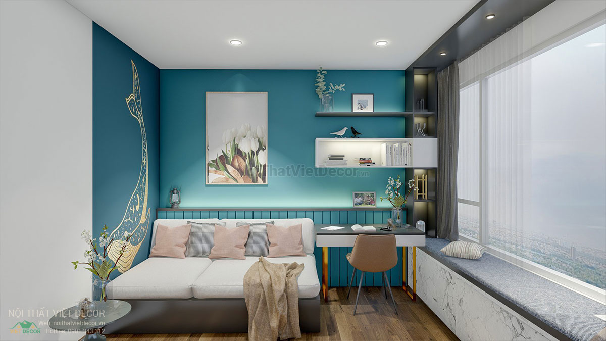 Nội thất Việt Decor mẫu phương án thiết kế phối cảnh 3D nội thất hiện đại căn hộ 3 phòng ngủ, phòng ngủ nhỏ 2, giường ngủ
