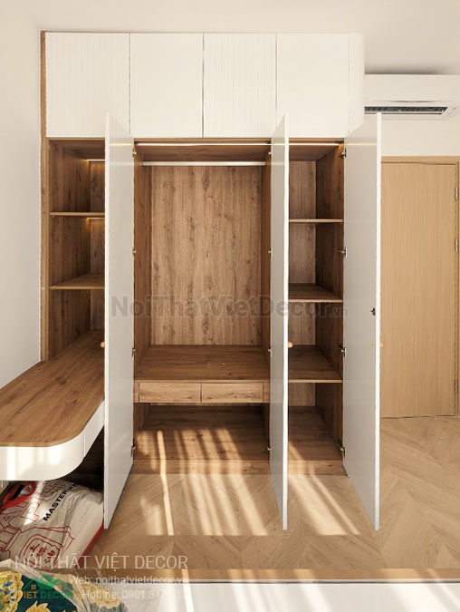 Nội Thất Việt Decor thiết kế thi công nội thất căn hộ 2 phòng ngủ chung cư Quận 9 Hồ Chí Minh, tủ quần áo liền bàn phòng ngủ lớn