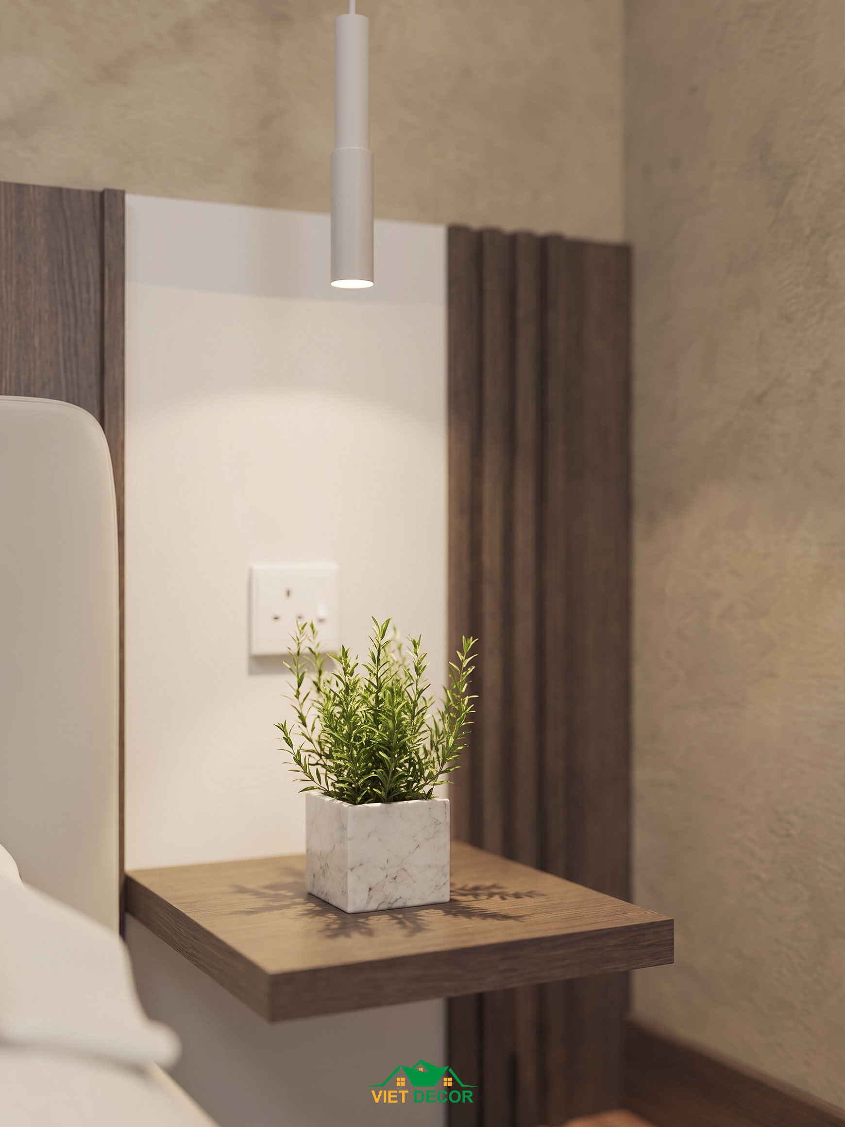 Nội Thất Việt Decor thiết kế thi công nội thất căn hộ 3 phòng ngủ The Opus One Vinhomes Grand Park TP HCM, kệ treo đầu giường phòng ngủ nhỏ