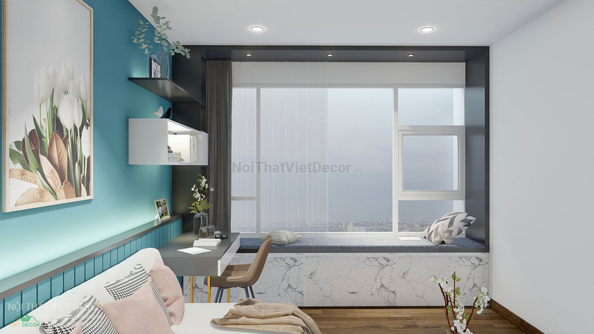 Nội thất Việt Decor mẫu phương án thiết kế phối cảnh 3D nội thất hiện đại căn hộ 3 phòng ngủ, phòng ngủ nhỏ 2, bàn học