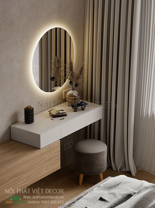 Nội thất Việt Decor mẫu phương án thiết kế phối cảnh 3D nội thất đẹp hiện đại căn hộ 1 phòng ngủ, bàn trang điểm phòng ngủ