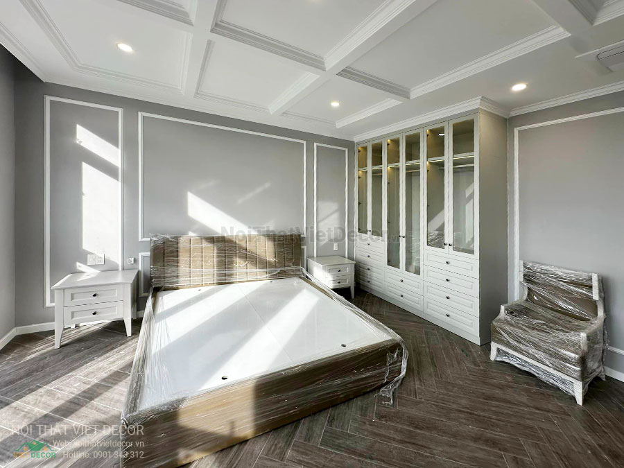 Nội Thất Việt Decor thiết kế thi công nội thất, tủ bếp gỗ công nghiệp An Cường, shophouse dự án Aminia Ninh Kiều Cần Thơ, phòng ngủ 1 giường ngủ