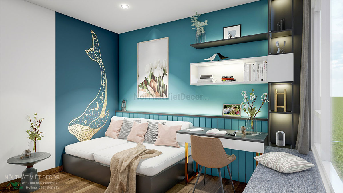 Nội thất Việt Decor mẫu phương án thiết kế phối cảnh 3D nội thất hiện đại căn hộ 3 phòng ngủ, phòng ngủ nhỏ 2, kệ sách đầu giường