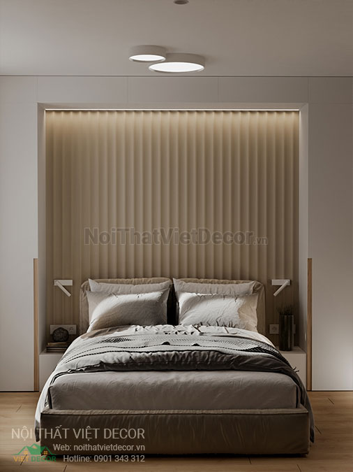 Nội thất Việt Decor mẫu phương án thiết kế phối cảnh 3D nội thất đẹp hiện đại căn hộ 1 phòng ngủ, giường phòng ngủ