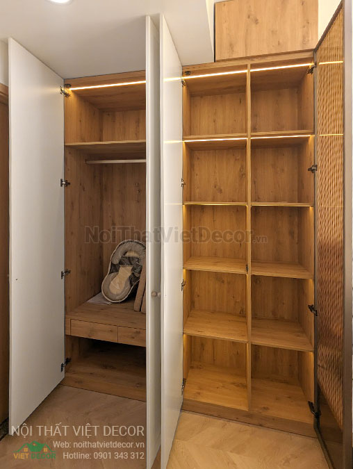 Nội Thất Việt Decor thiết kế thi công nội thất căn hộ 2 phòng ngủ chung cư Quận 9 Hồ Chí Minh, tủ quần áo phòng ngủ nhỏ