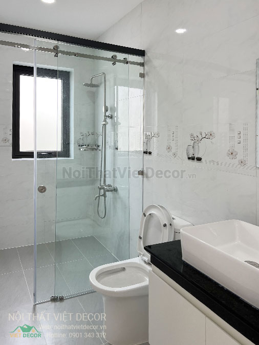 Nội Thất Việt Decor thiết kế thi công nội thất, tủ bếp gỗ công nghiệp Ba Thanh nhà liên kế 3 tầng dự án nhà liên kế Lavilla Green City Tân An, Long An, nhà vệ sinh